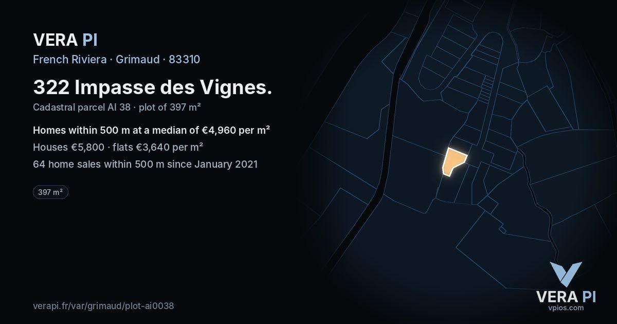 322 Impasse des Vignes, Grimaud at night – the plot lit, the parcels around coloured by the prices near them
