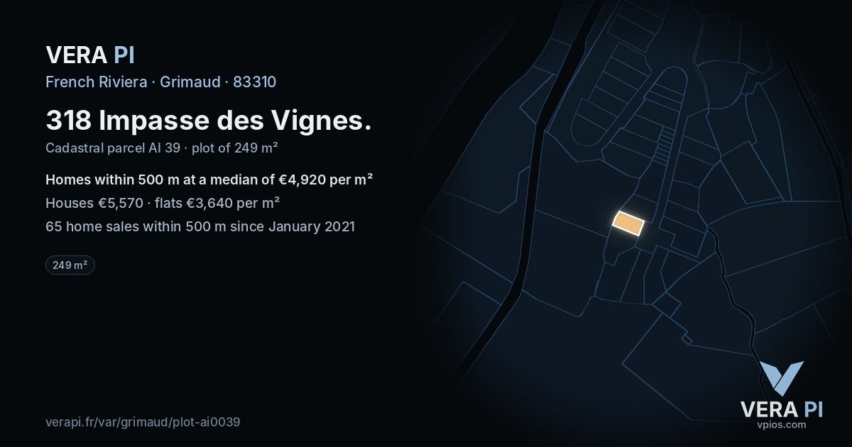 318 Impasse des Vignes, Grimaud at night – the plot lit, the parcels around coloured by the prices near them