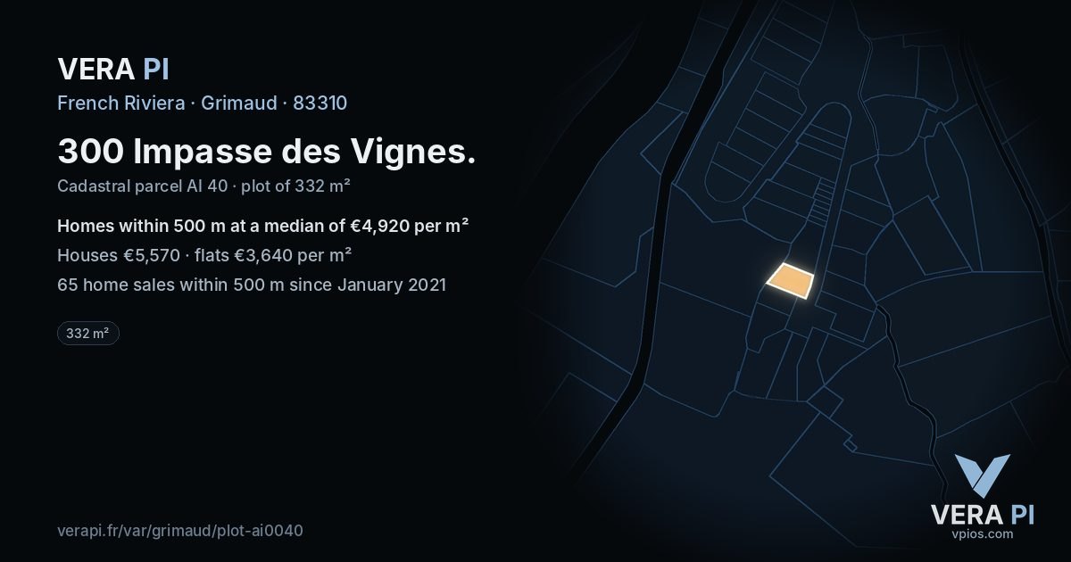 300 Impasse des Vignes, Grimaud at night – the plot lit, the parcels around coloured by the prices near them