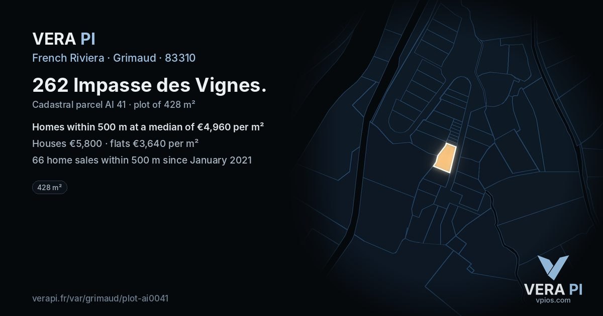 262 Impasse des Vignes, Grimaud at night – the plot lit, the parcels around coloured by the prices near them