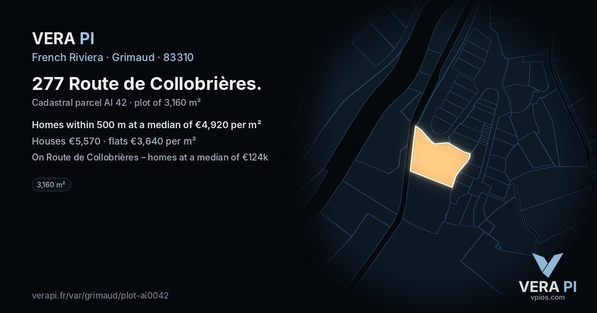 277 Route de Collobrières, Grimaud at night – the plot lit, the parcels around coloured by the prices near them