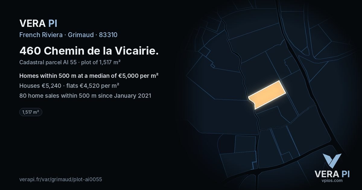 460 Chemin de la Vicairie, Grimaud at night – the plot lit, the parcels around coloured by the prices near them