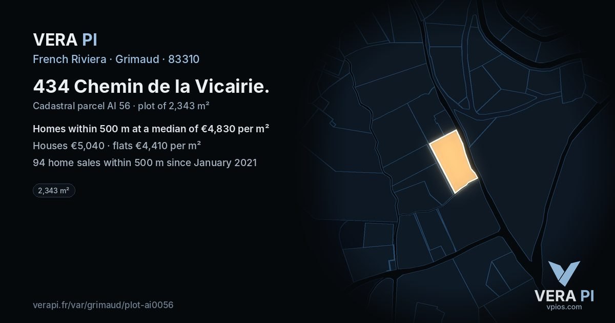 434 Chemin de la Vicairie, Grimaud at night – the plot lit, the parcels around coloured by the prices near them