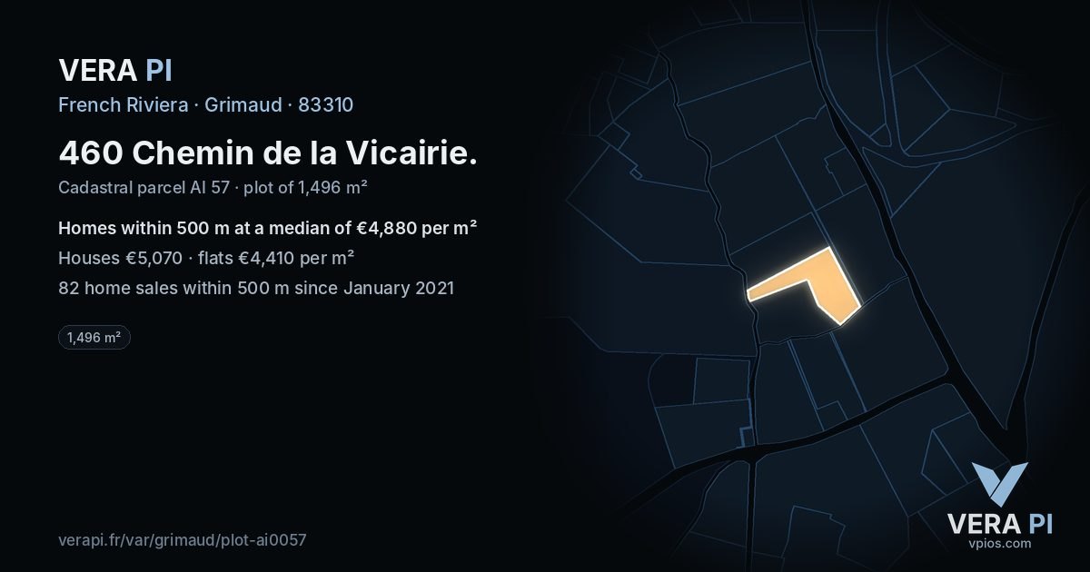 460 Chemin de la Vicairie, Grimaud at night – the plot lit, the parcels around coloured by the prices near them