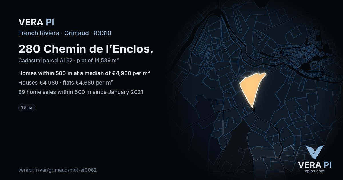 280 Chemin de l’Enclos, Grimaud at night – the plot lit, the parcels around coloured by the prices near them