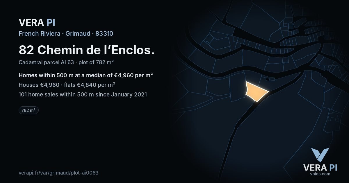 82 Chemin de l’Enclos, Grimaud at night – the plot lit, the parcels around coloured by the prices near them