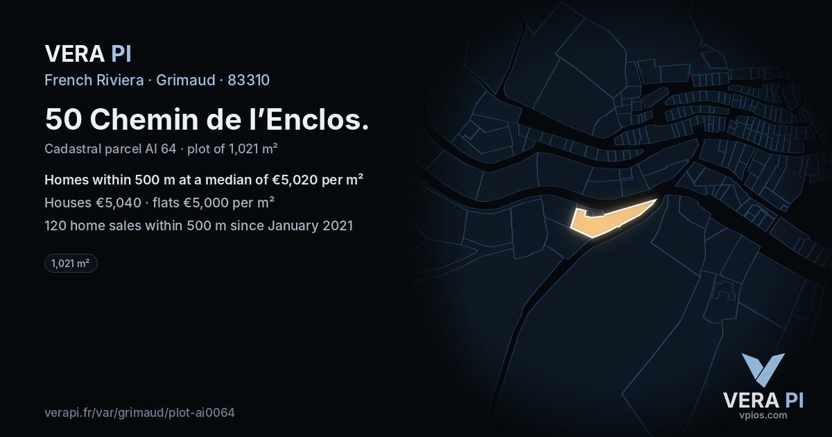 50 Chemin de l’Enclos, Grimaud at night – the plot lit, the parcels around coloured by the prices near them