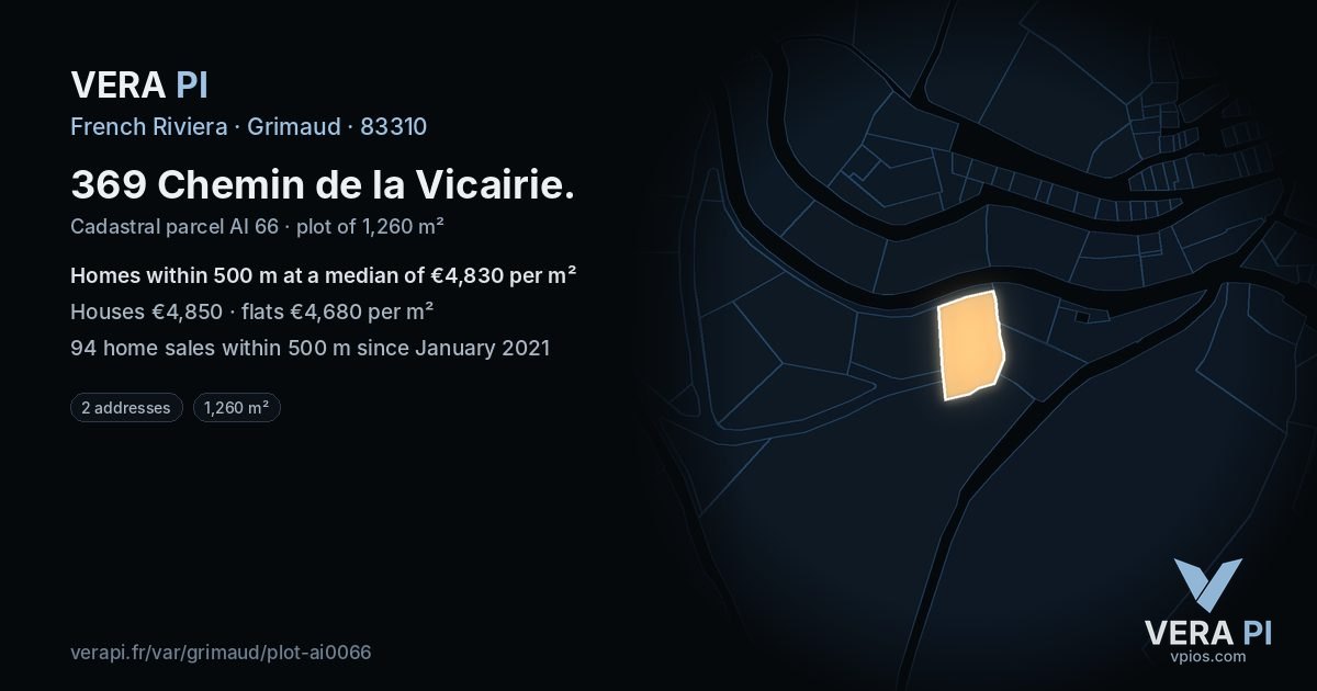 369 Chemin de la Vicairie, Grimaud at night – the plot lit, the parcels around coloured by the prices near them