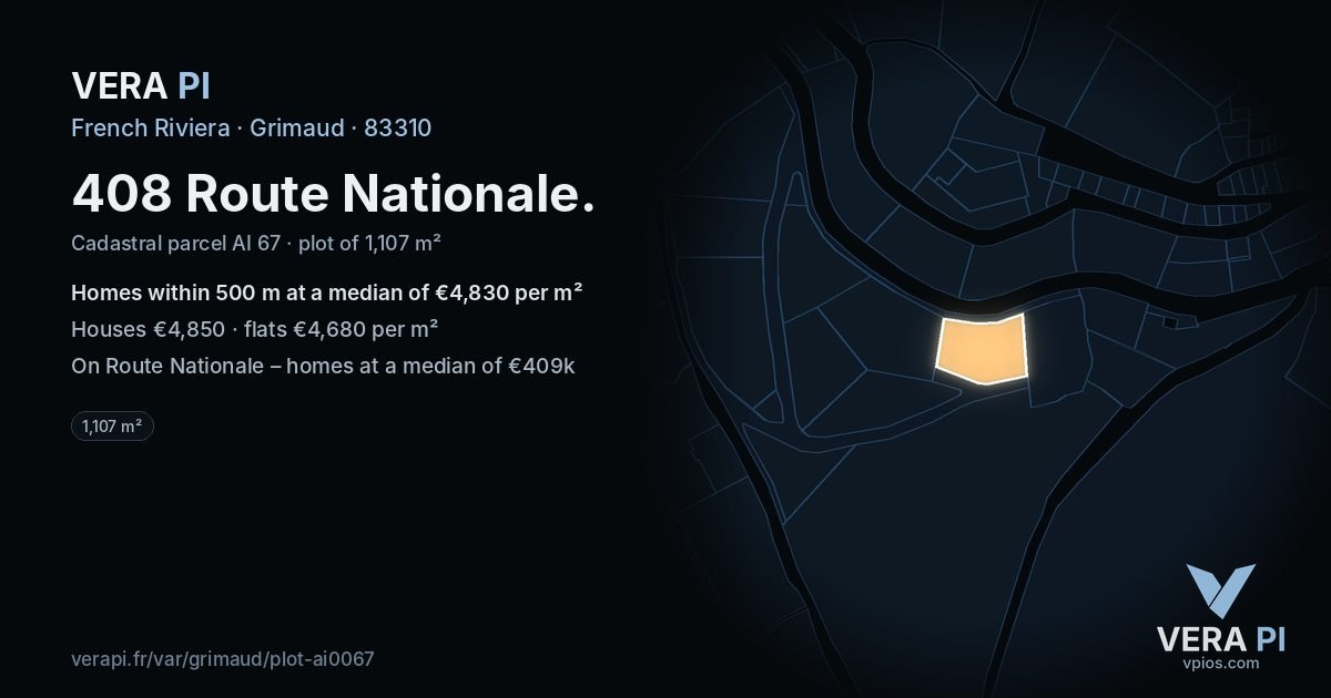 408 Route Nationale, Grimaud at night – the plot lit, the parcels around coloured by the prices near them