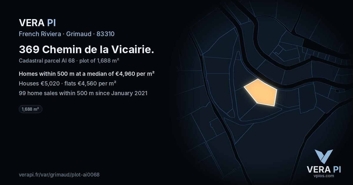 369 Chemin de la Vicairie, Grimaud at night – the plot lit, the parcels around coloured by the prices near them