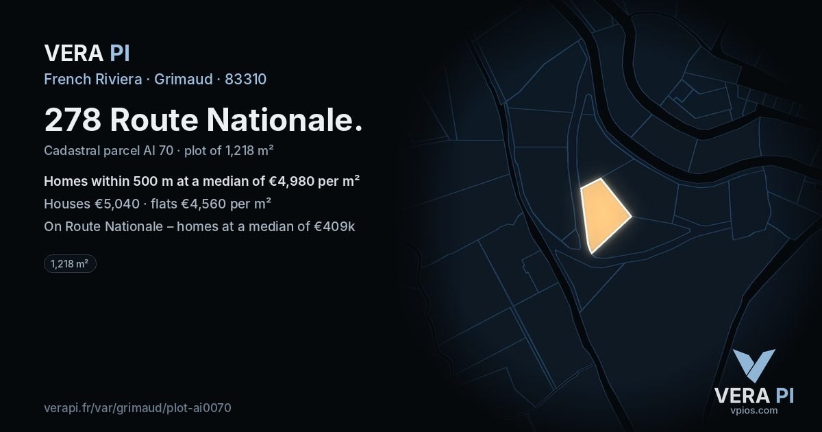 278 Route Nationale, Grimaud at night – the plot lit, the parcels around coloured by the prices near them