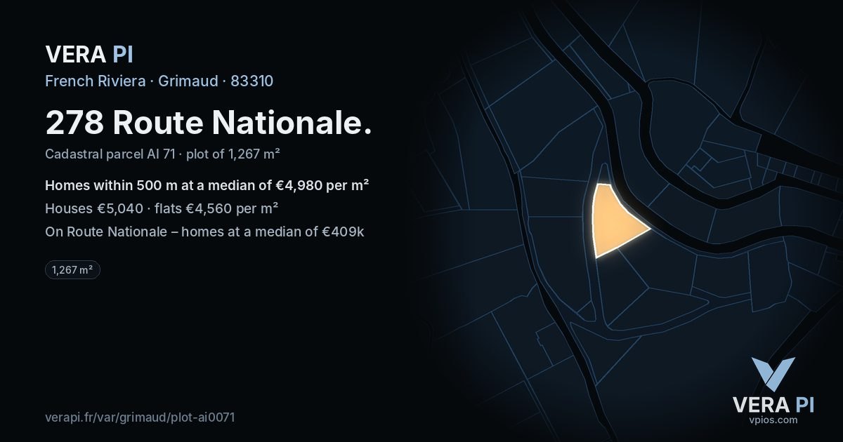 278 Route Nationale, Grimaud at night – the plot lit, the parcels around coloured by the prices near them
