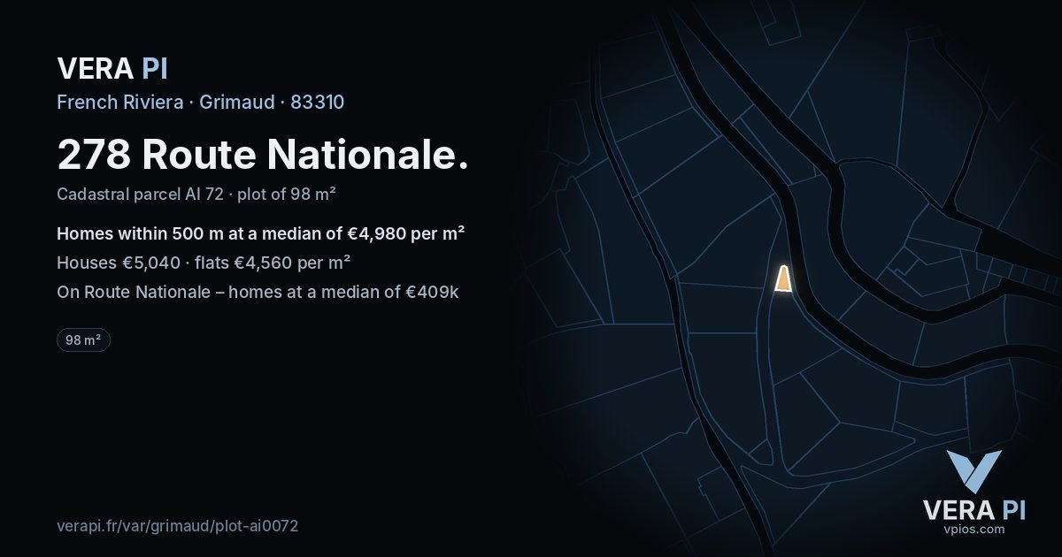 278 Route Nationale, Grimaud at night – the plot lit, the parcels around coloured by the prices near them
