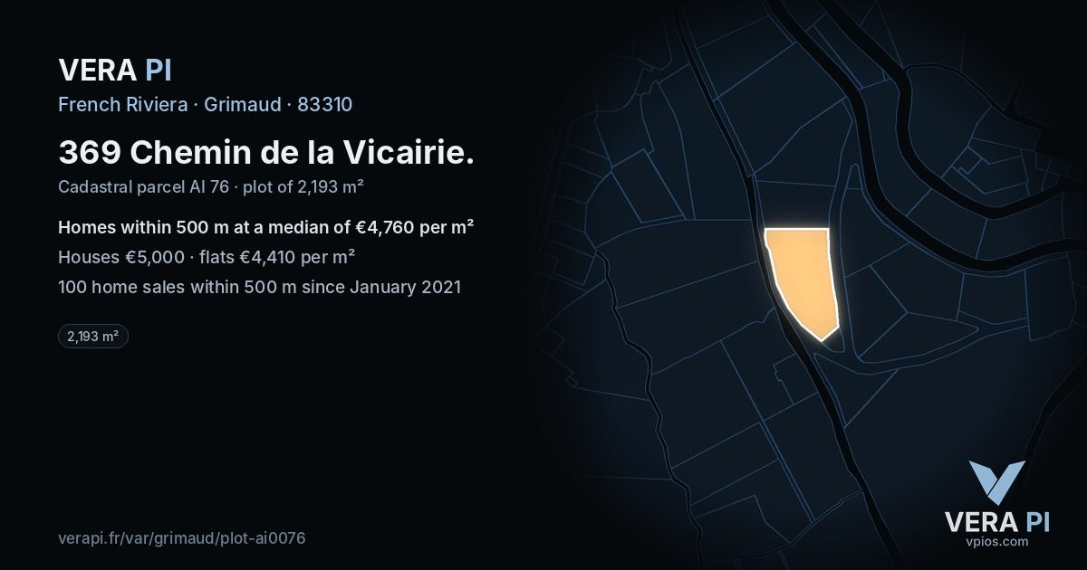 369 Chemin de la Vicairie, Grimaud at night – the plot lit, the parcels around coloured by the prices near them