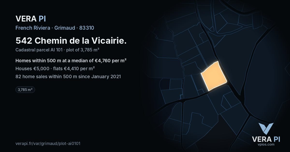 542 Chemin de la Vicairie, Grimaud at night – the plot lit, the parcels around coloured by the prices near them