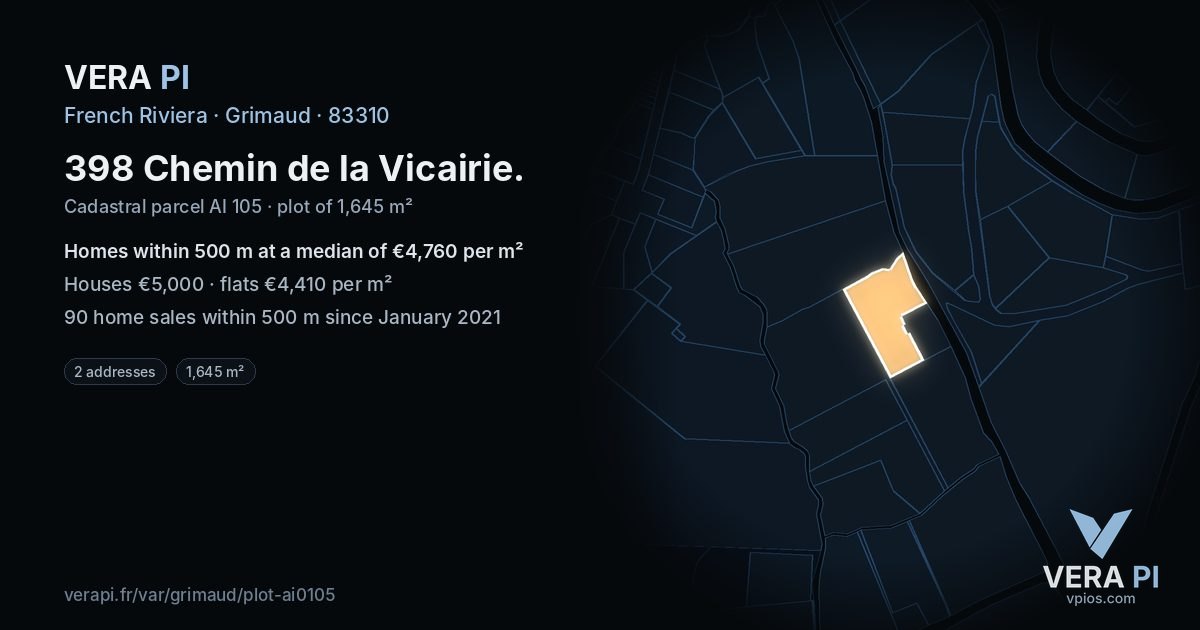 398 Chemin de la Vicairie, Grimaud at night – the plot lit, the parcels around coloured by the prices near them