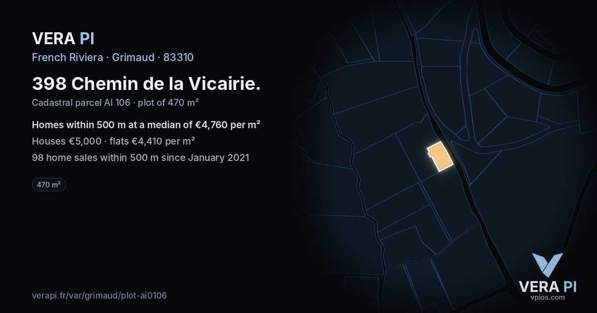 398 Chemin de la Vicairie, Grimaud at night – the plot lit, the parcels around coloured by the prices near them