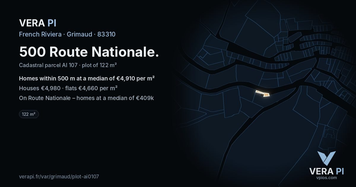 500 Route Nationale, Grimaud at night – the plot lit, the parcels around coloured by the prices near them