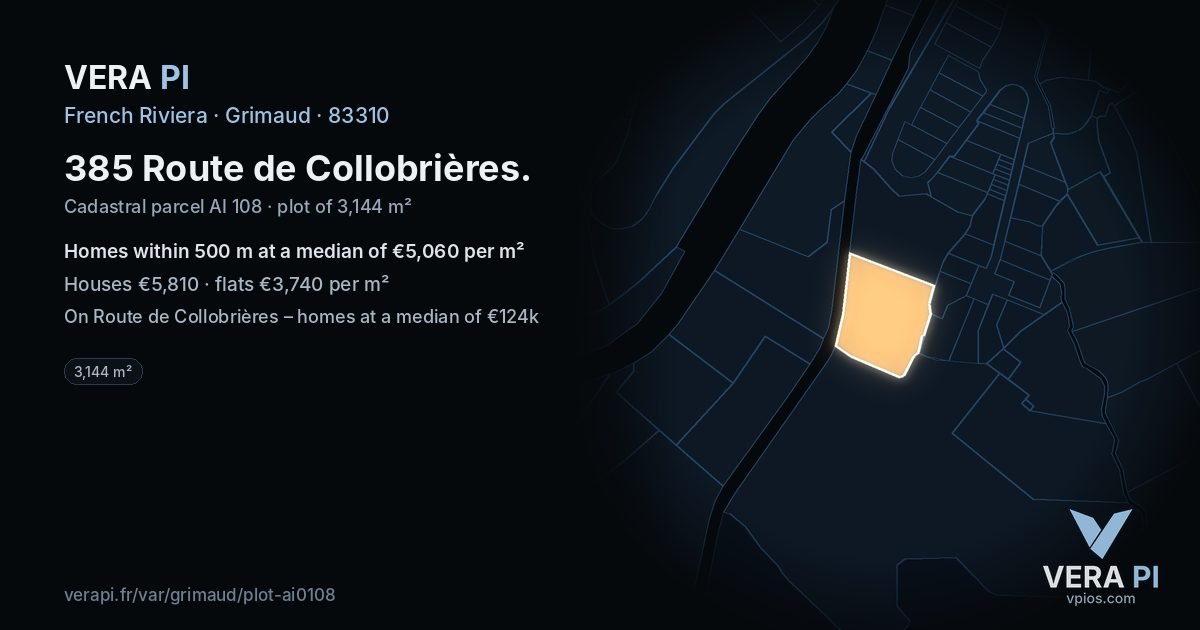 385 Route de Collobrières, Grimaud at night – the plot lit, the parcels around coloured by the prices near them