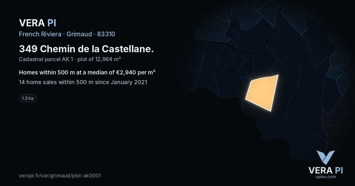 349 Chemin de la Castellane, Grimaud at night – the plot lit, the parcels around coloured by the prices near them