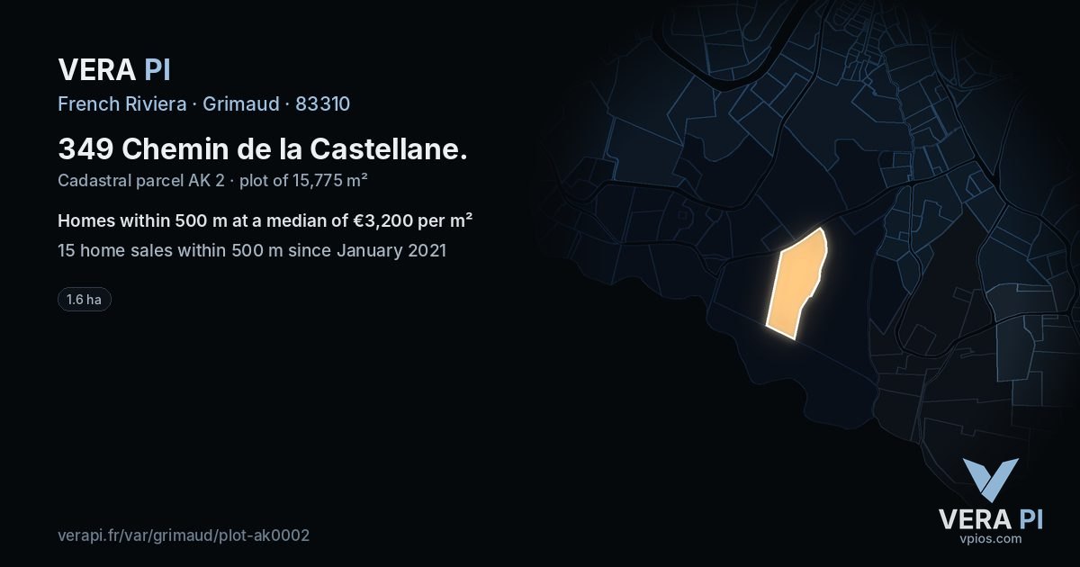 349 Chemin de la Castellane, Grimaud at night – the plot lit, the parcels around coloured by the prices near them
