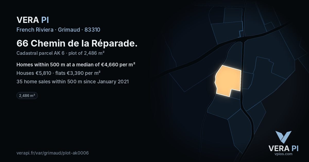 66 Chemin de la Réparade, Grimaud at night – the plot lit, the parcels around coloured by the prices near them