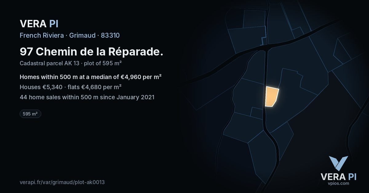 97 Chemin de la Réparade, Grimaud at night – the plot lit, the parcels around coloured by the prices near them