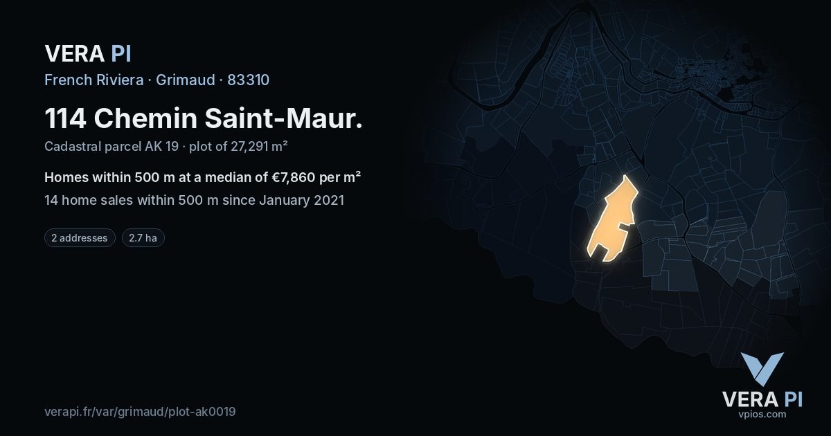 114 Chemin Saint-Maur, Grimaud at night – the plot lit, the parcels around coloured by the prices near them