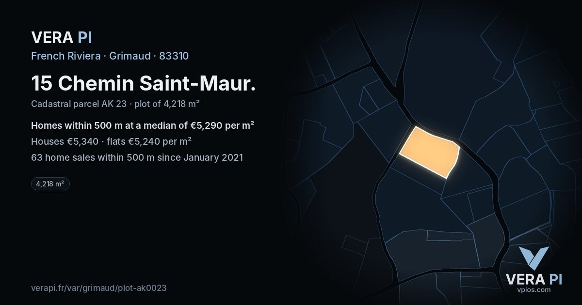 15 Chemin Saint-Maur, Grimaud at night – the plot lit, the parcels around coloured by the prices near them