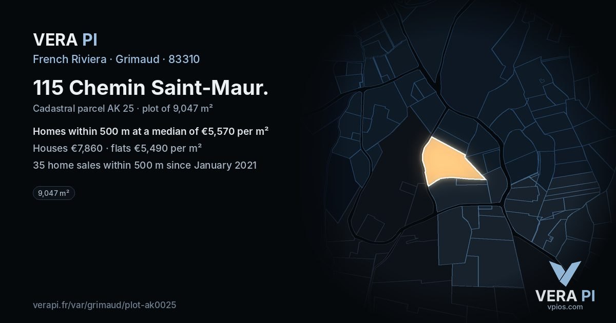 115 Chemin Saint-Maur, Grimaud at night – the plot lit, the parcels around coloured by the prices near them