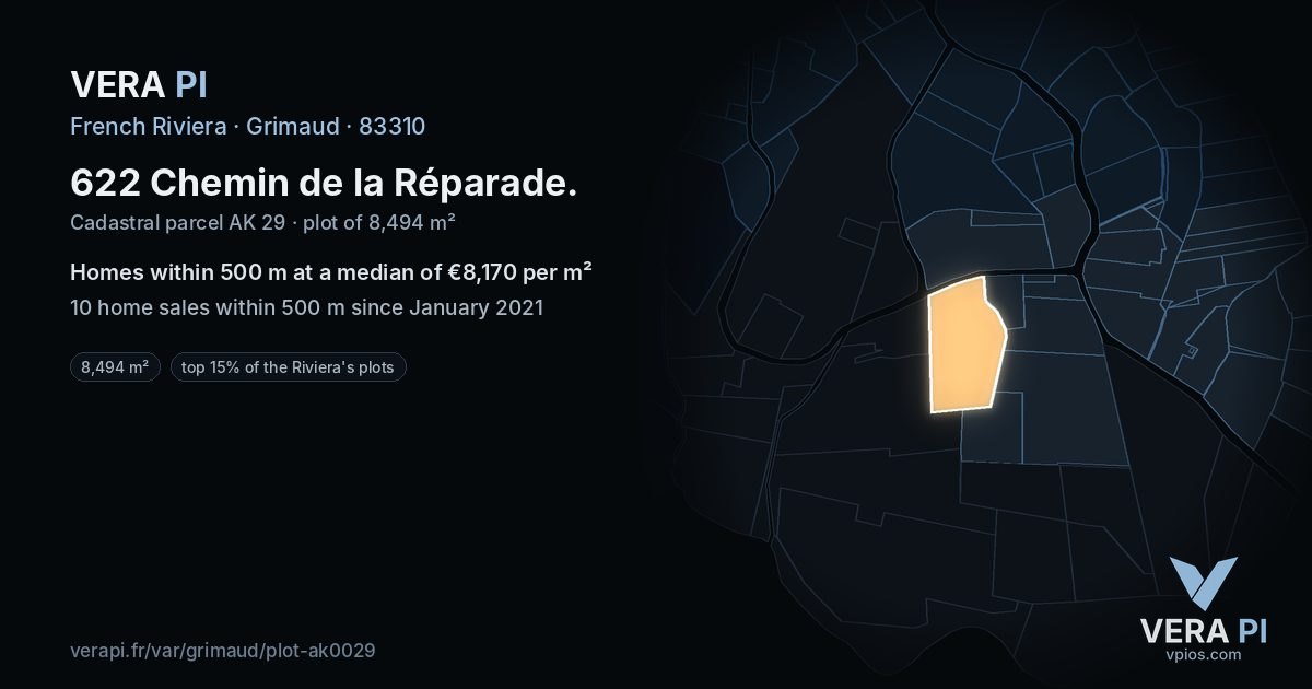 622 Chemin de la Réparade, Grimaud at night – the plot lit, the parcels around coloured by the prices near them