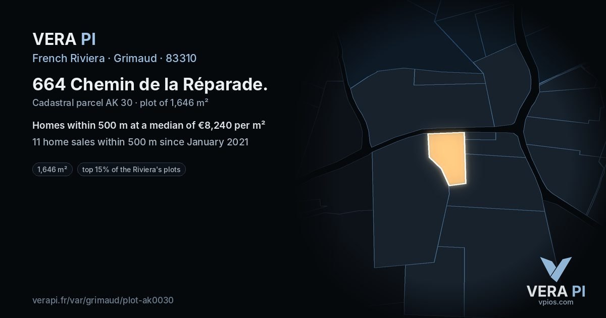 664 Chemin de la Réparade, Grimaud at night – the plot lit, the parcels around coloured by the prices near them