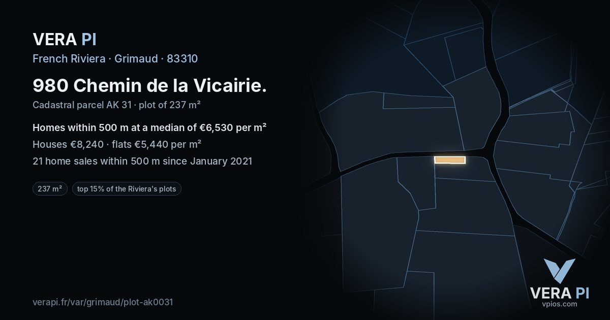 980 Chemin de la Vicairie, Grimaud at night – the plot lit, the parcels around coloured by the prices near them