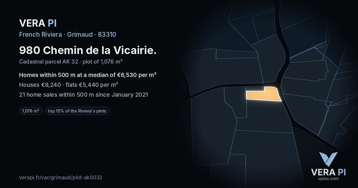 980 Chemin de la Vicairie, Grimaud at night – the plot lit, the parcels around coloured by the prices near them