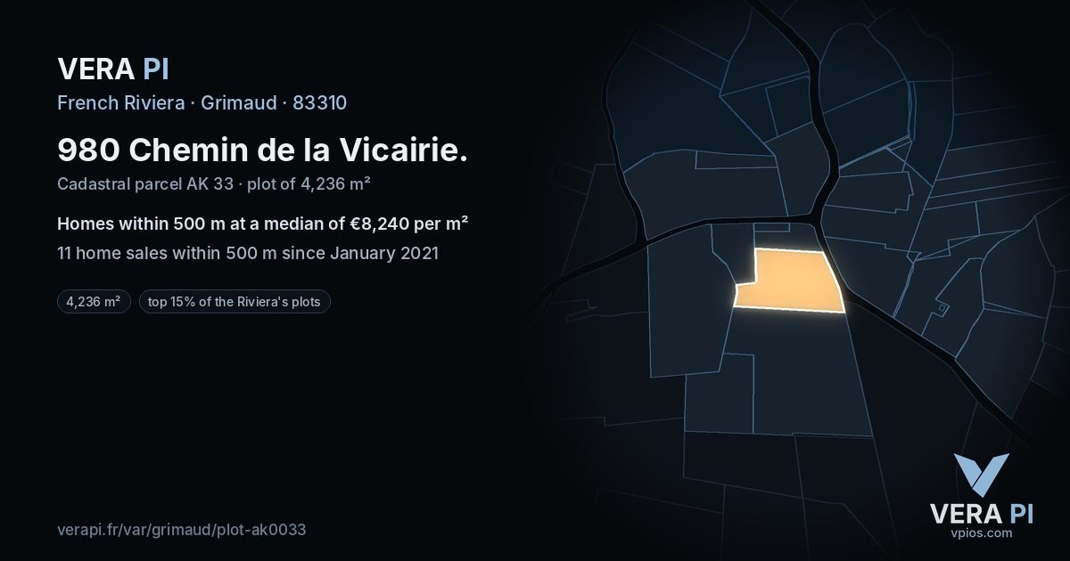 980 Chemin de la Vicairie, Grimaud at night – the plot lit, the parcels around coloured by the prices near them