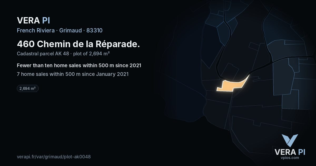 460 Chemin de la Réparade, Grimaud at night – the plot lit, the parcels around coloured by the prices near them