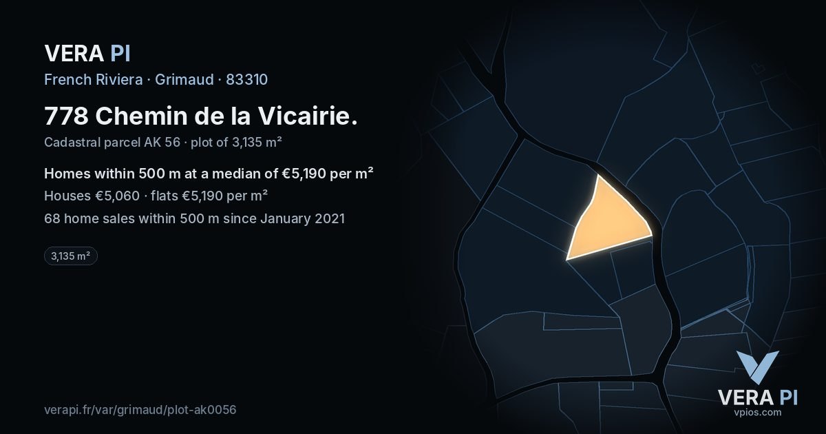 778 Chemin de la Vicairie, Grimaud at night – the plot lit, the parcels around coloured by the prices near them