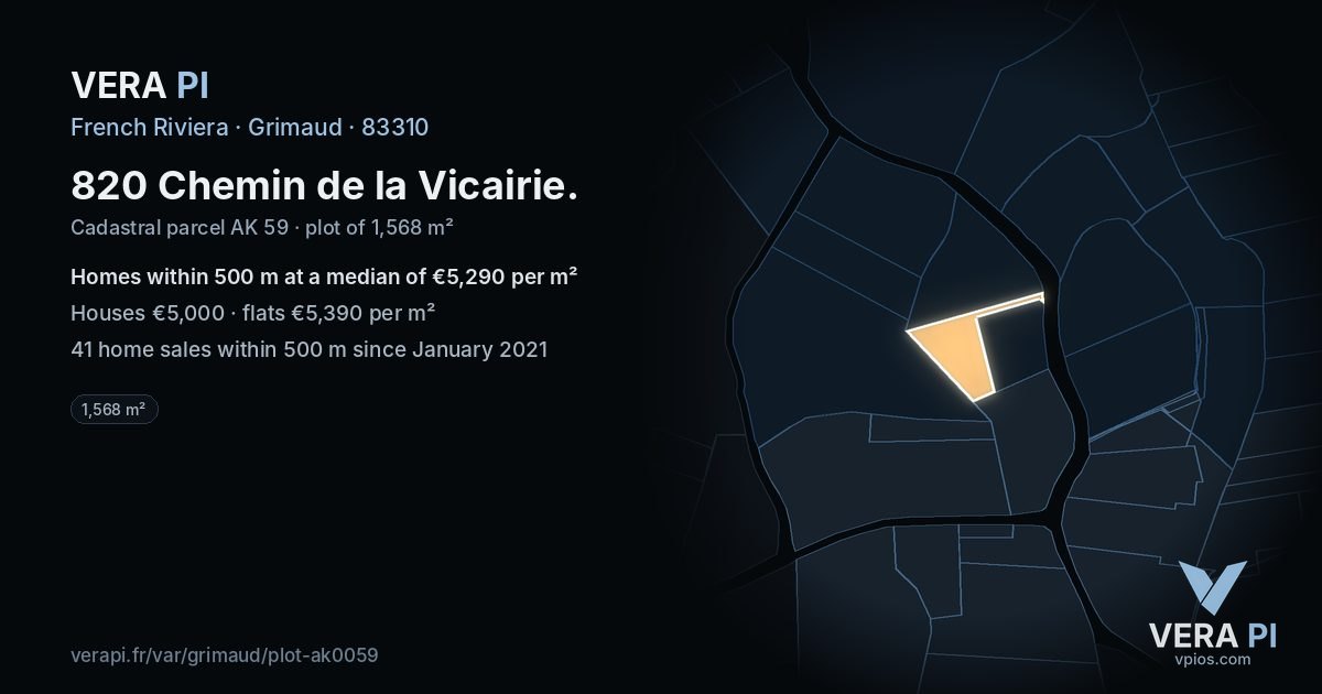 820 Chemin de la Vicairie, Grimaud at night – the plot lit, the parcels around coloured by the prices near them