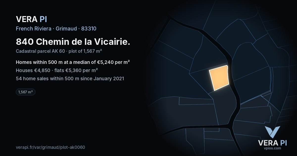 840 Chemin de la Vicairie, Grimaud at night – the plot lit, the parcels around coloured by the prices near them