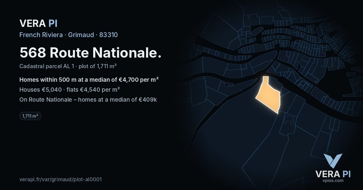 568 Route Nationale, Grimaud at night – the plot lit, the parcels around coloured by the prices near them