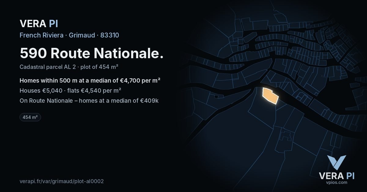 590 Route Nationale, Grimaud at night – the plot lit, the parcels around coloured by the prices near them