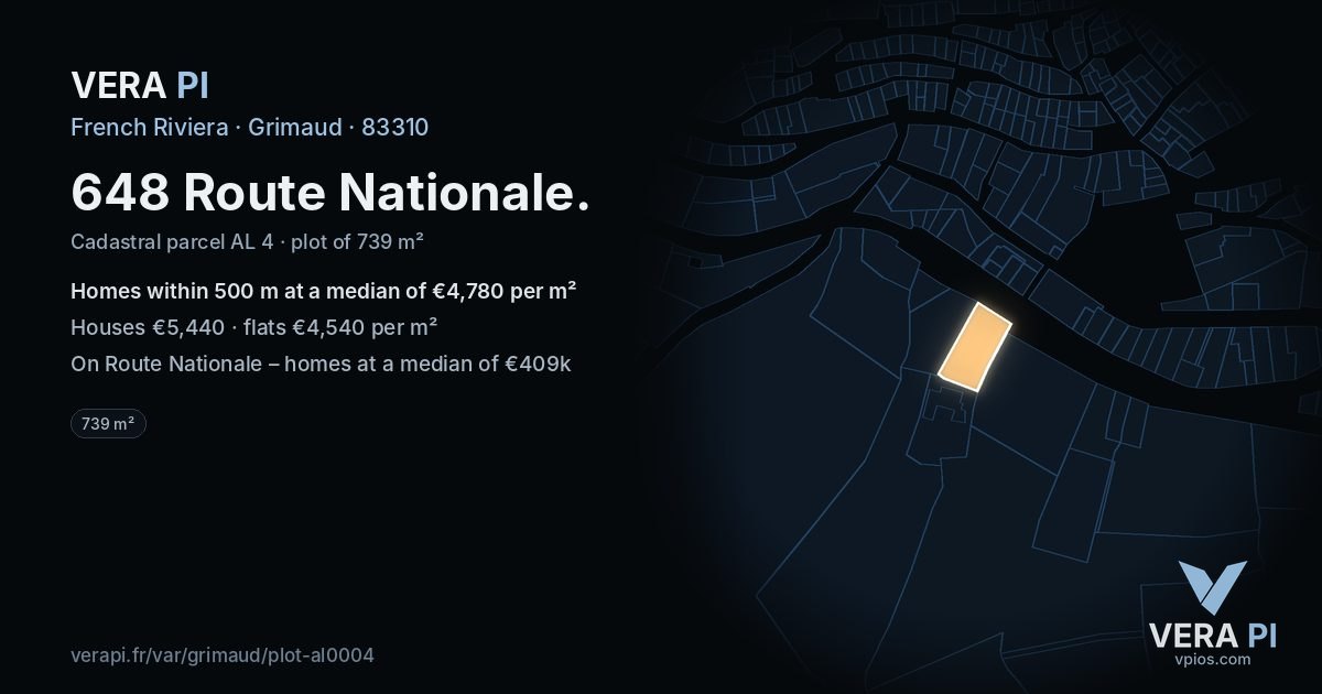 648 Route Nationale, Grimaud at night – the plot lit, the parcels around coloured by the prices near them