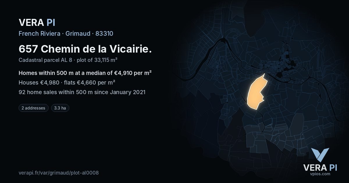 657 Chemin de la Vicairie, Grimaud at night – the plot lit, the parcels around coloured by the prices near them