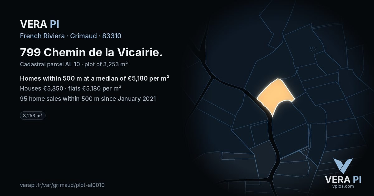 799 Chemin de la Vicairie, Grimaud at night – the plot lit, the parcels around coloured by the prices near them