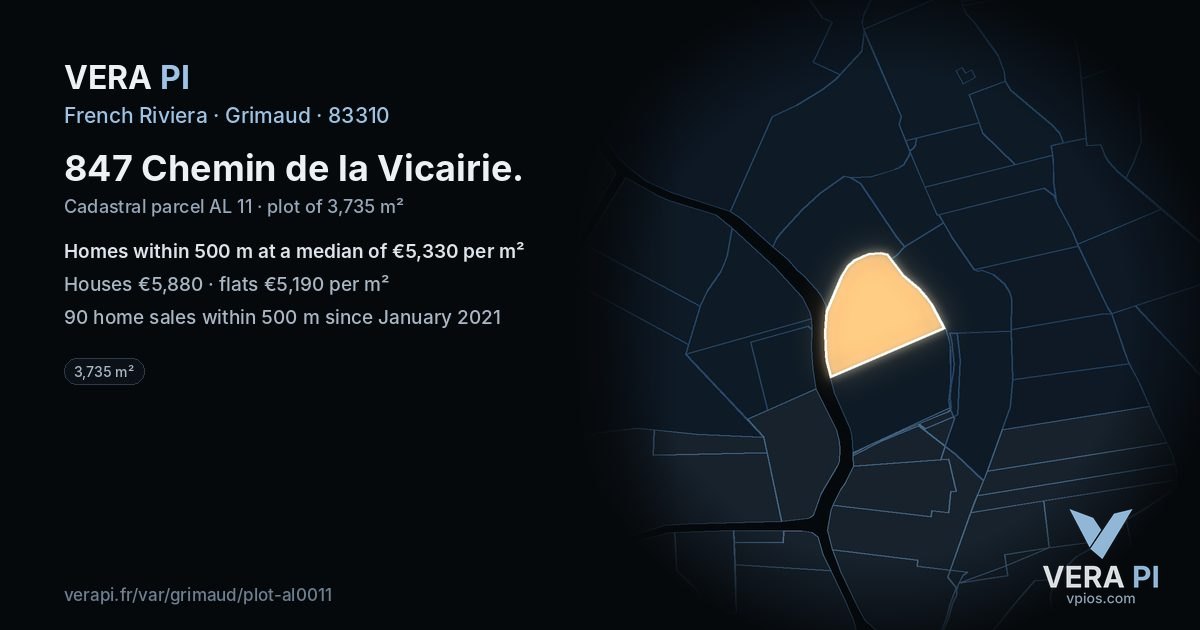 847 Chemin de la Vicairie, Grimaud at night – the plot lit, the parcels around coloured by the prices near them