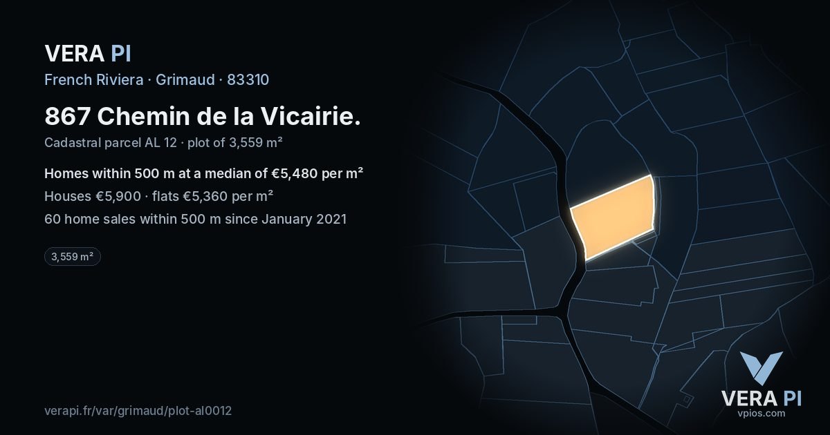 867 Chemin de la Vicairie, Grimaud at night – the plot lit, the parcels around coloured by the prices near them