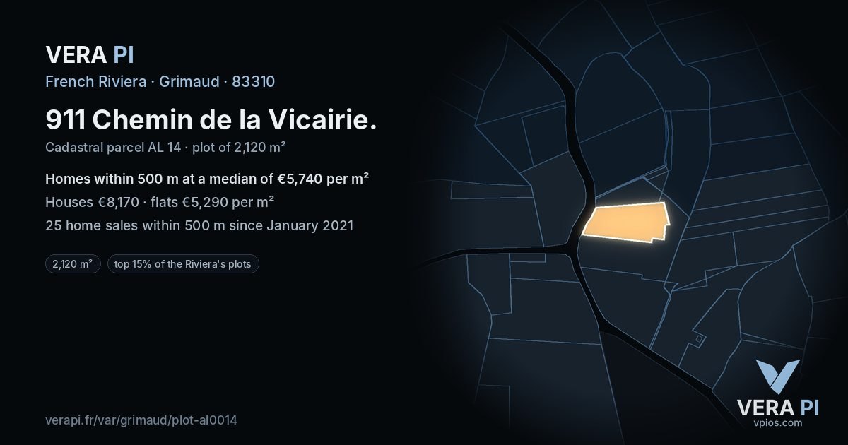 911 Chemin de la Vicairie, Grimaud at night – the plot lit, the parcels around coloured by the prices near them
