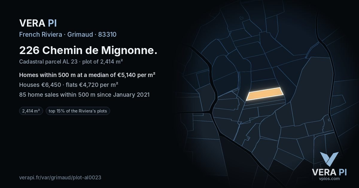 226 Chemin de Mignonne, Grimaud at night – the plot lit, the parcels around coloured by the prices near them