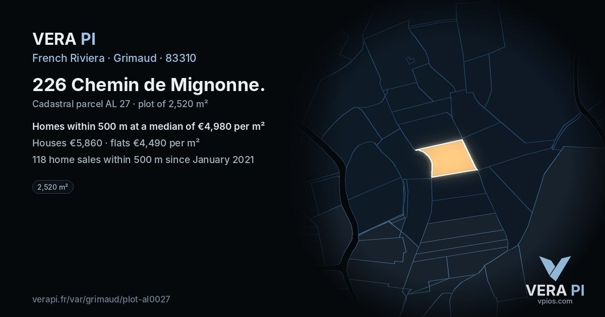 226 Chemin de Mignonne, Grimaud at night – the plot lit, the parcels around coloured by the prices near them