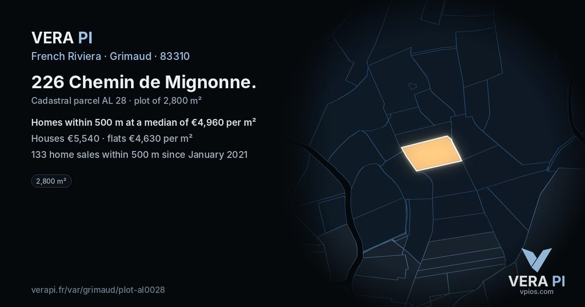 226 Chemin de Mignonne, Grimaud at night – the plot lit, the parcels around coloured by the prices near them